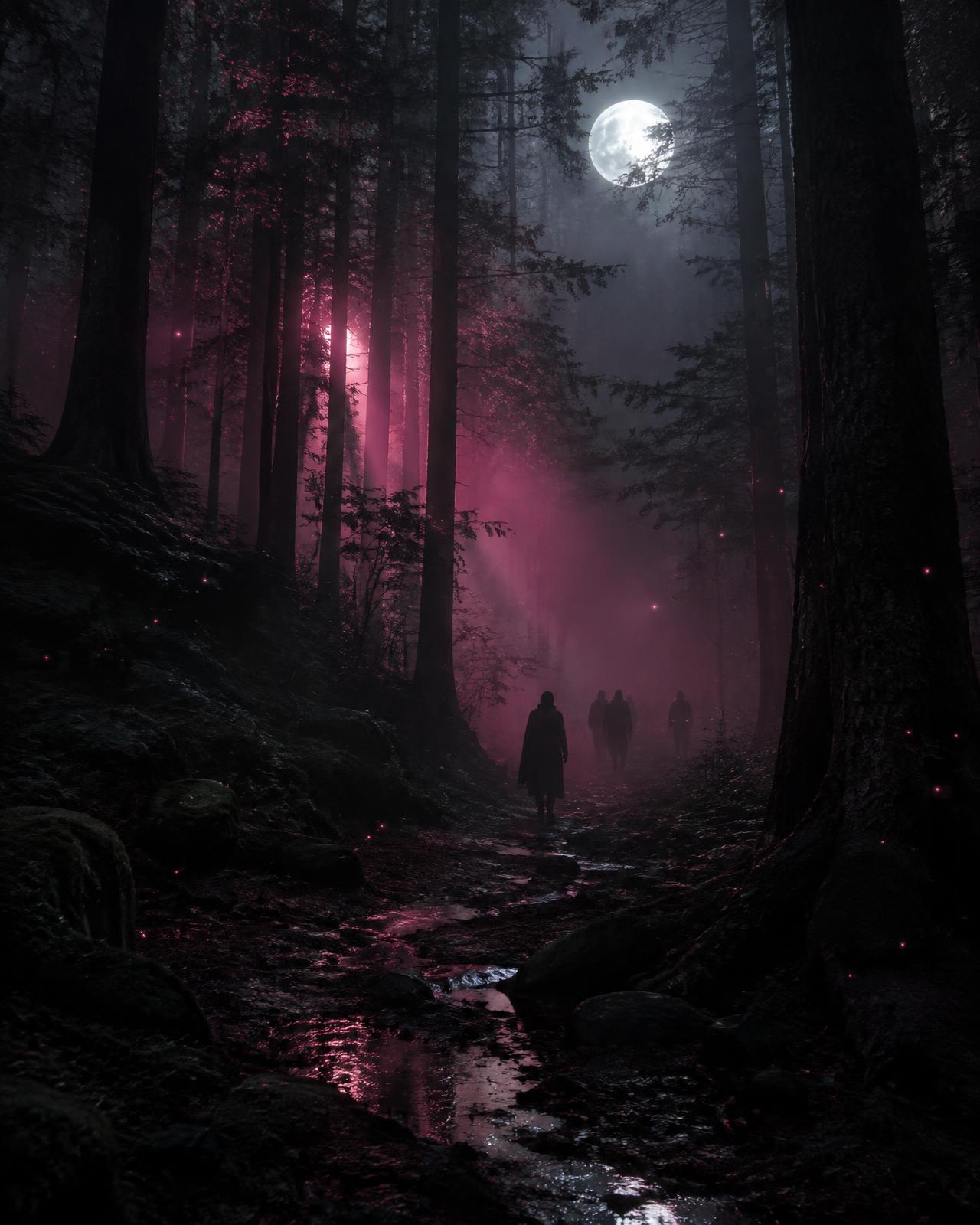 Silhouettes wandering a moonlit forest path in pink fog