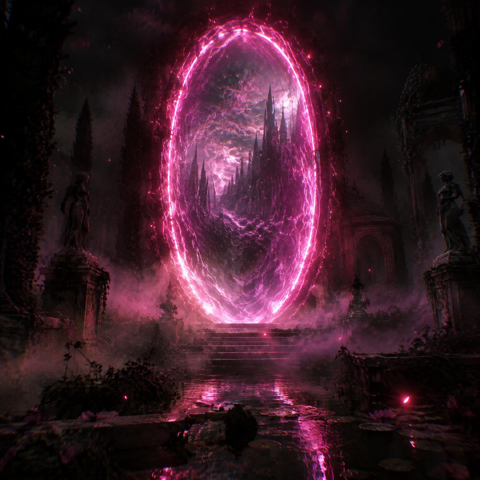 An enormous glowing portal standing in a fog-filled ancient garden